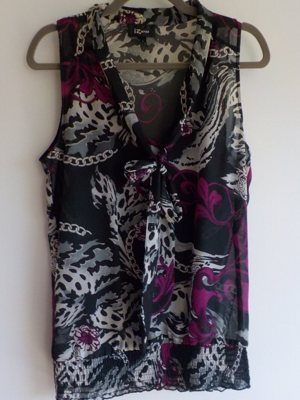 Iz Byer Blouse - Medium - Black Grey Purple Sleeveless Bow Fancy Paisley (797)